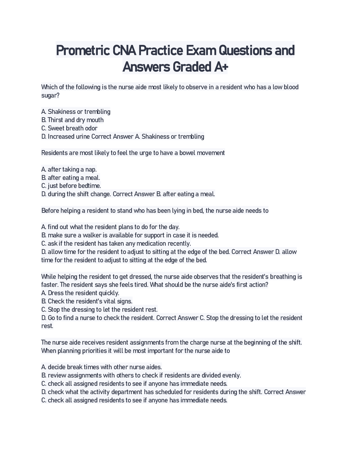 Preview of Prometric CNA Practice Exam Questions and Answers Graded A+